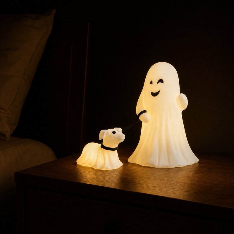 Halloween Ghost with Dog Night Light - Cute LED Desk Lamp for Indoor Outdoor Decor