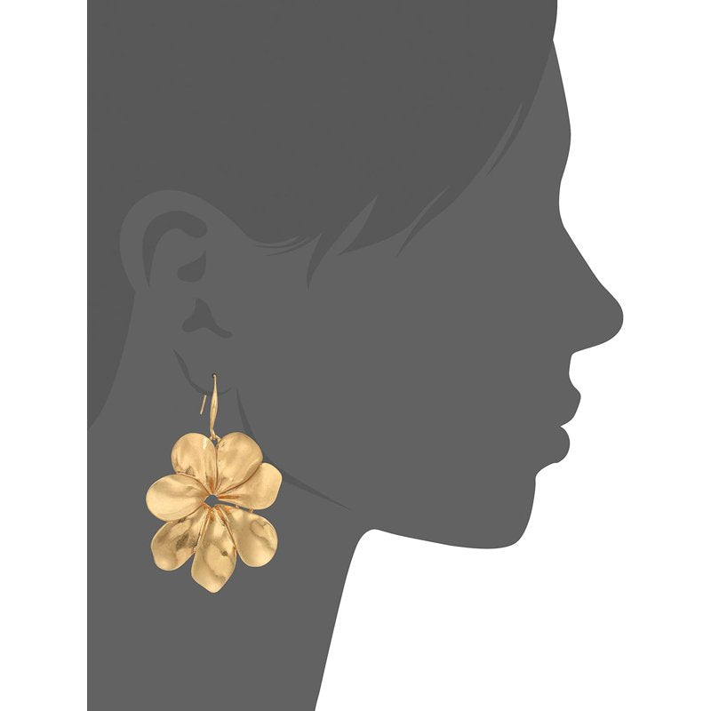Gold-Tone Drop Earrings with Sculptural Flower Design - Statement Jewelry