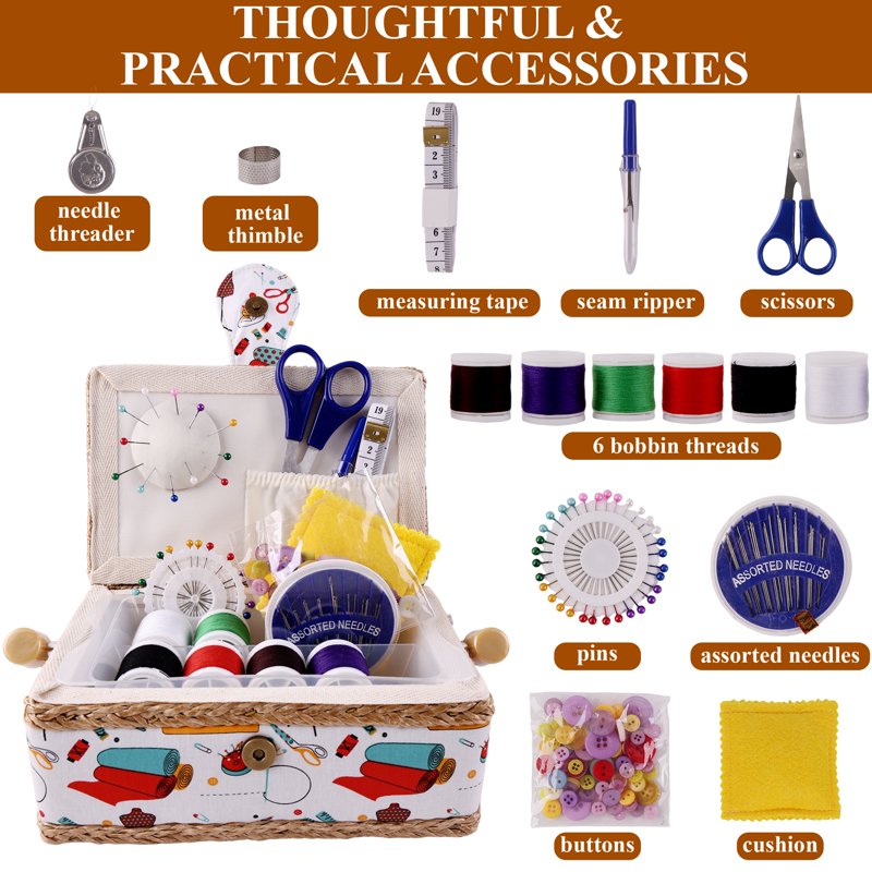 Portable Wooden Sewing Basket with Removable Tray & Accessories