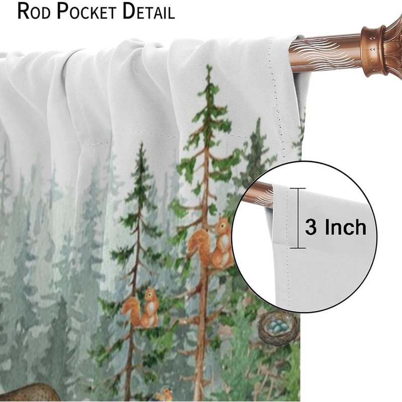 Kids Animal Curtain Set - Watercolor Squirrel Hare Bear Bird Pattern, Insulated Window Drapes for Nursery & Bedroom, 55x39 Inches