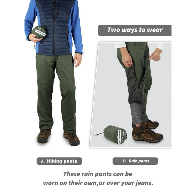 Off Road Ventures Men's Rain Pants Waterproof Windbreaker - Dark Green, 36x30