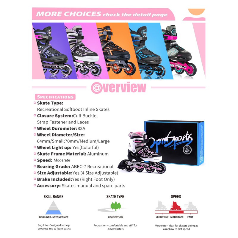 Pink Adjustable Inline Skates for Girls with Light-Up Wheels, Beginner Kids Roller Skates