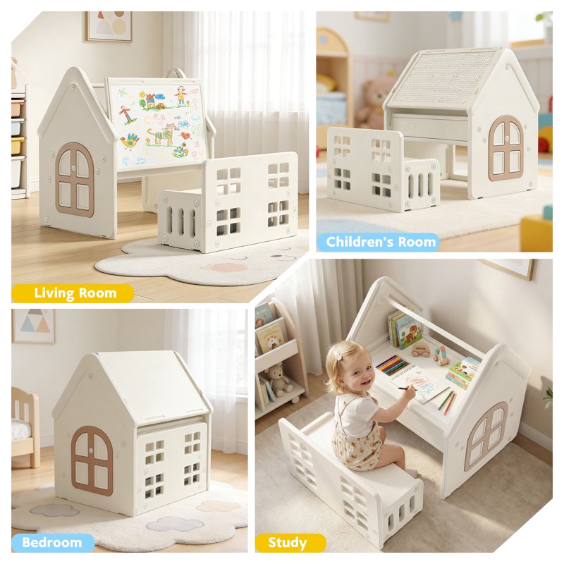 Kids 9-in-1 Activity Table with Storage, Drawing, Building & Play House