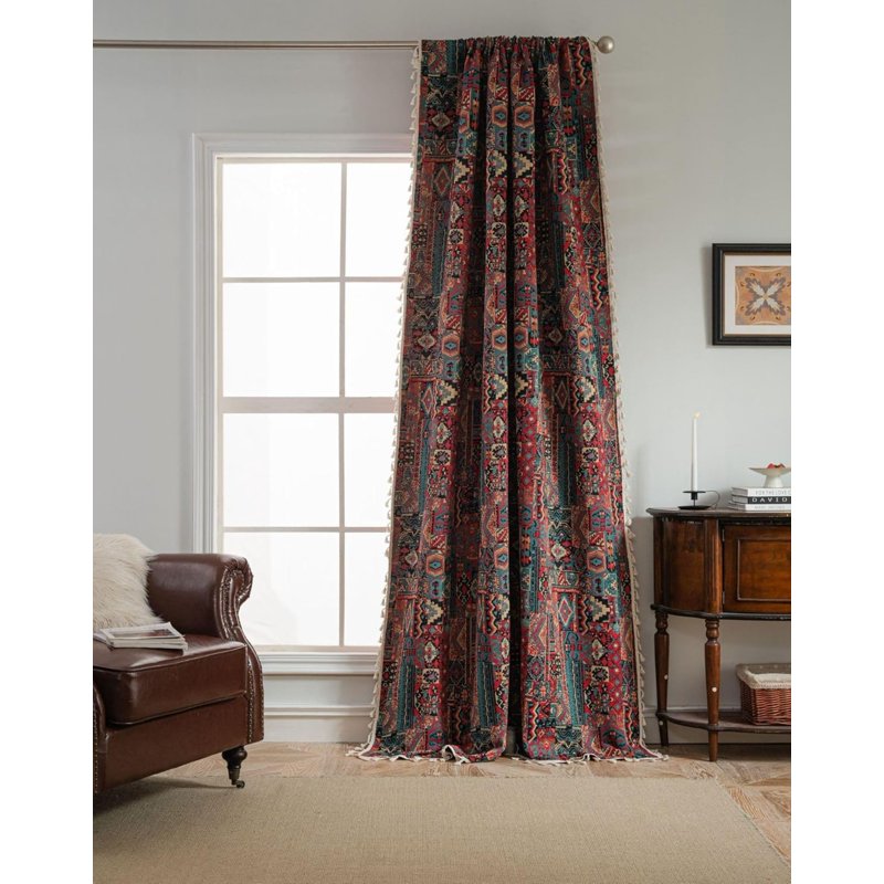 Boho Geometric Pattern Semi-Sheer Curtain Panel with Tassels - Multiple Sizes