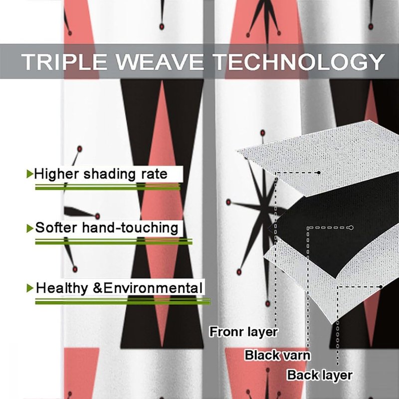 Retro 50s Atomic Pattern Curtains - Black, White, Coral Pink - Window Treatments, Thermal Insulated, 2 Panel Sets