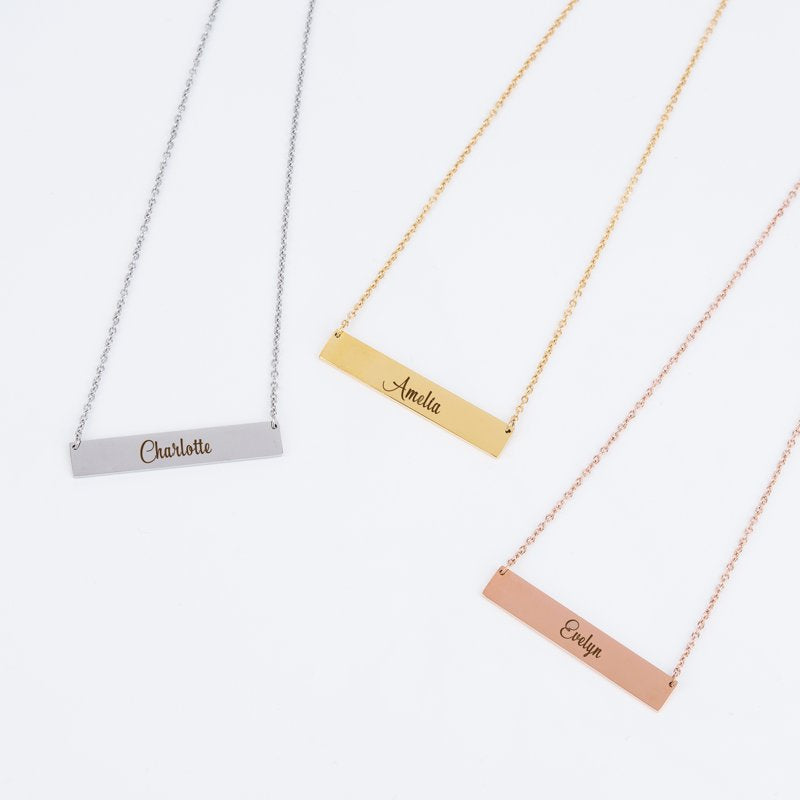 Personalized Silver, Gold & Rose Gold Engravable Name Necklace - Custom Bar Pendant for Women