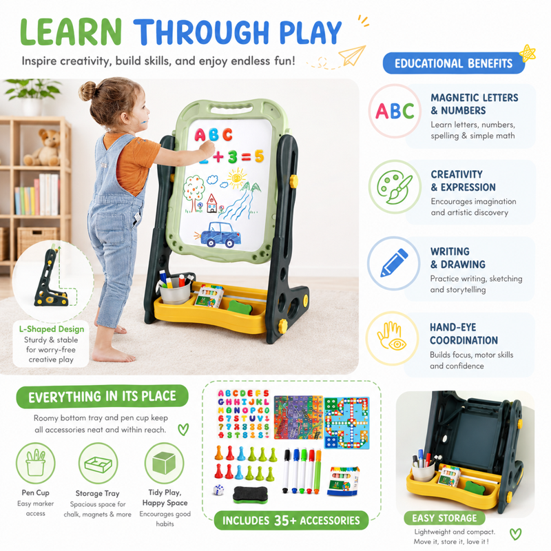 Kids Double Sided Magnetic Drawing & Learning Easel - Adjustable Height Art Board for Toddlers 2-6 Years