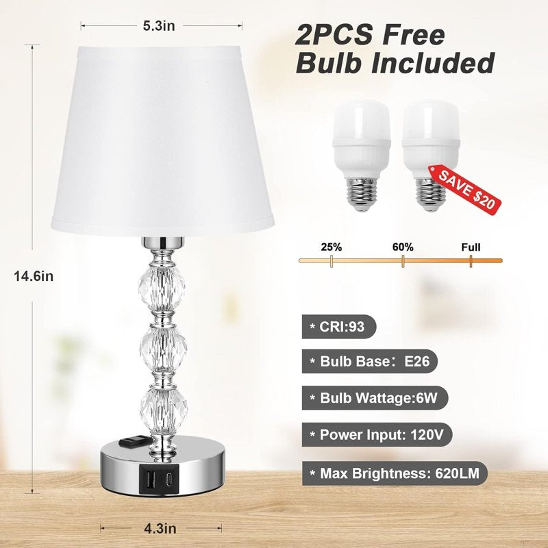 Set of 2 Touch Control Bedside Lamps with USB Charging Ports - Modern Crystal Design