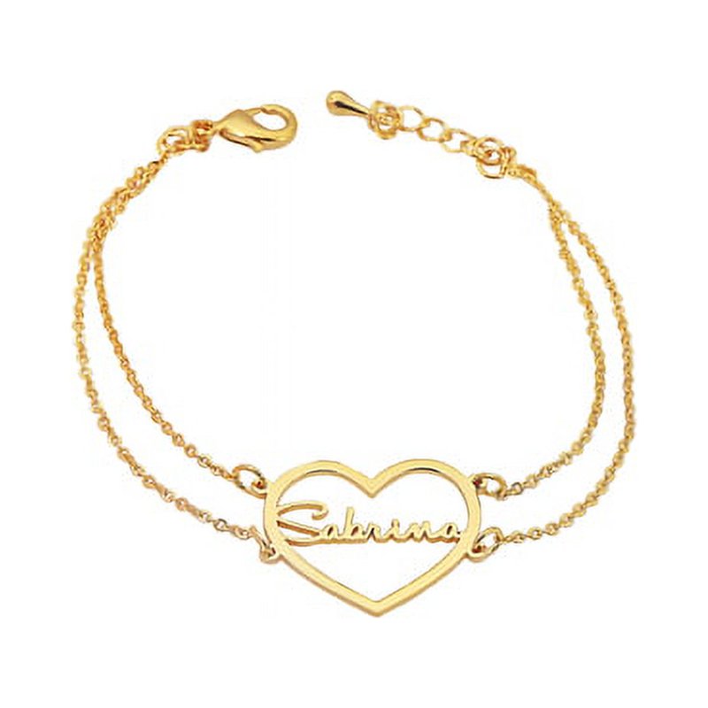 Personalized Sterling Silver Double Chain Heart Bracelet - 7 Inch Custom Name Jewelry