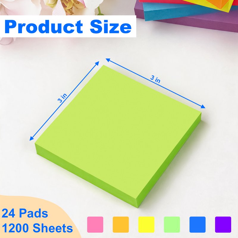 Multicolor Sticky Notes Set - 24 Pads, 1200 Sheets, 3x3 Inch Self-Stick Notes for Office & Home