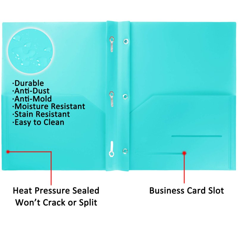 Heavy Duty Plastic Pocket Folders with Prongs - 6 Pack, 2 Pockets, Multiple Colors