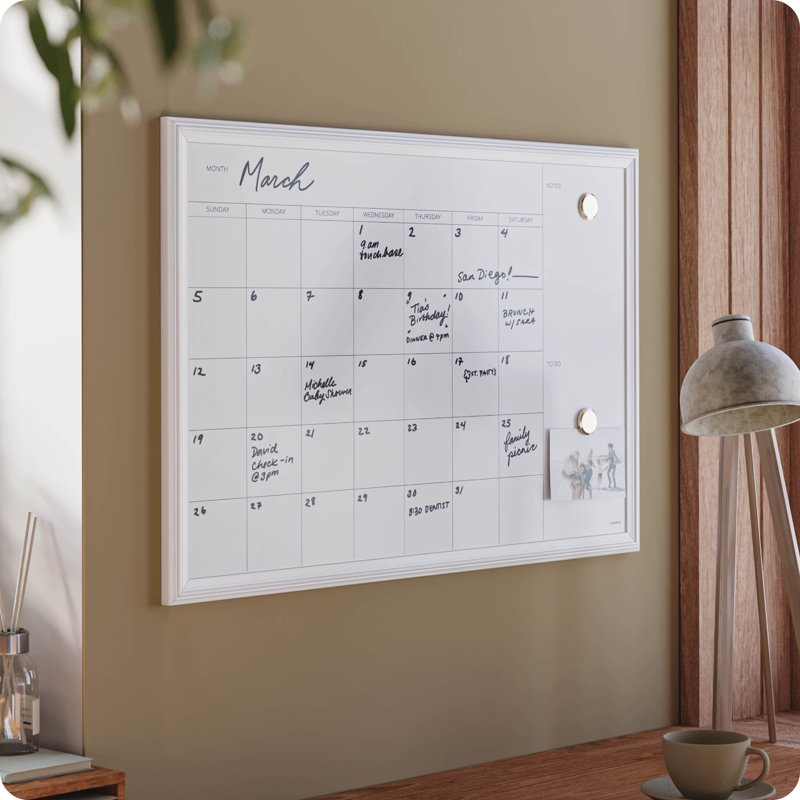 Magnetic Dry Erase Calendar Whiteboard with Wood Frame - 30x20 Inches