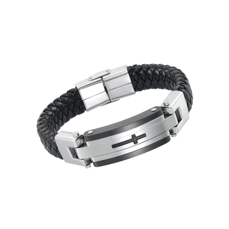 Men's Cross Leather Bracelet with Stainless Steel Accent 8.5 Inches