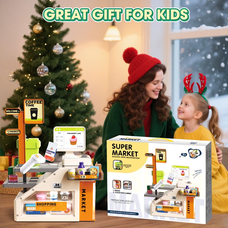 Kids Cash Register Play Set with Scanner & Play Food - Pretend Grocery Store Toy