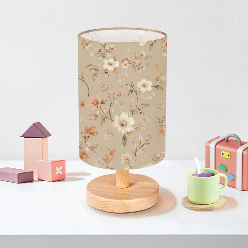 Dimmable Floral Table Lamp with Wood Base and Fabric Shade - Nightstand Light for Bedroom, Nursery, Kids Gift