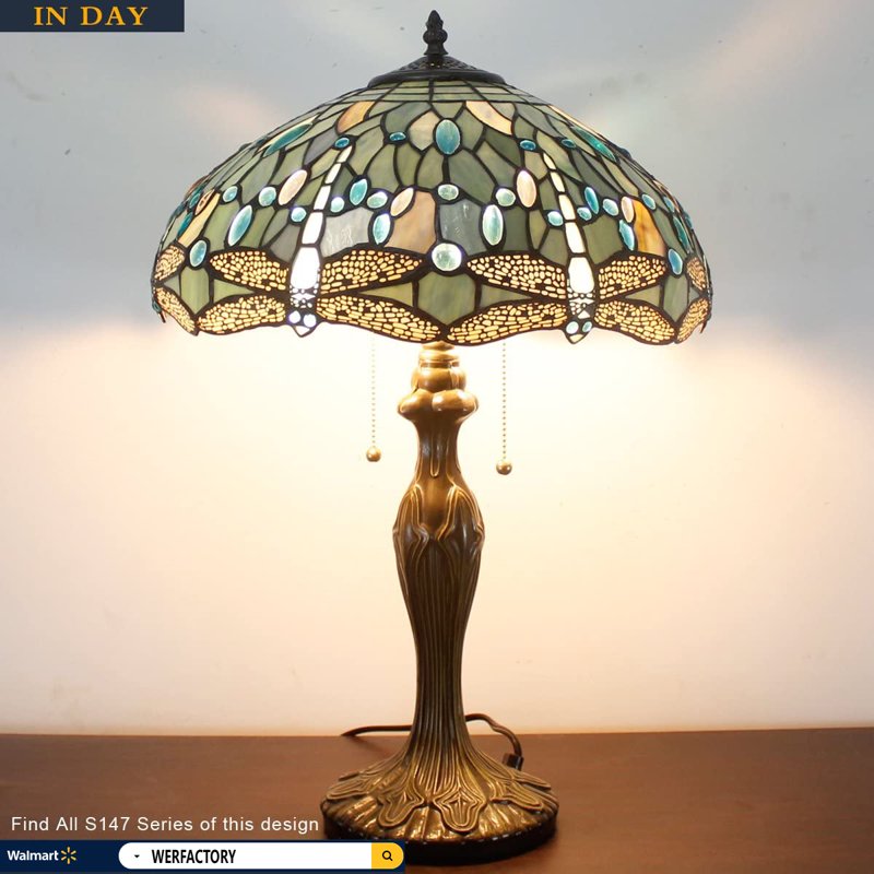 Large 24-Inch Sea Blue Tiffany Table Lamp with Stained Glass Dragonfly Design