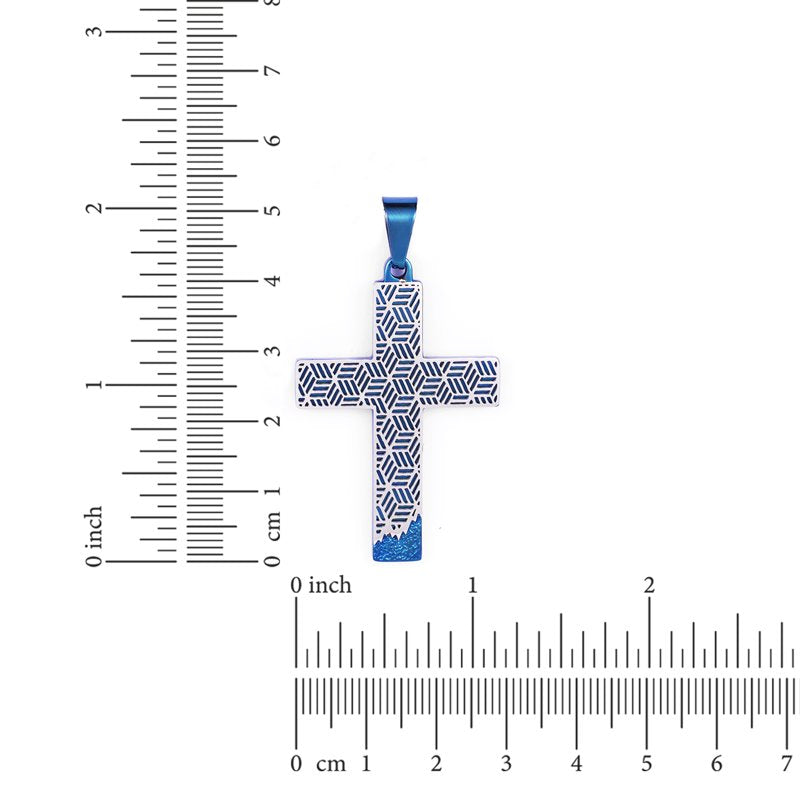 Men's Stainless Steel Cross Pendant Necklace with Cobalt Drip Design