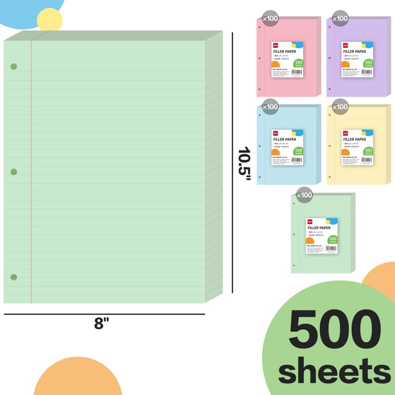Wide Ruled Pastel Loose Leaf Notebook Paper 500 Sheets for Binders