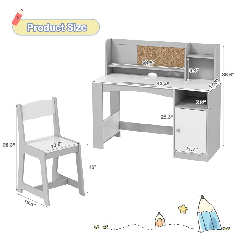 Kids Study Desk and Chair Set with Tiltable Desktop and Storage - Wooden Writing Table for Ages 5-12