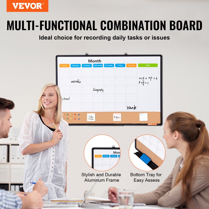 36x24 Inch Magnetic Whiteboard & Cork Board Combo with Aluminum Frame – Wall Mount Bulletin Board for Office & Home