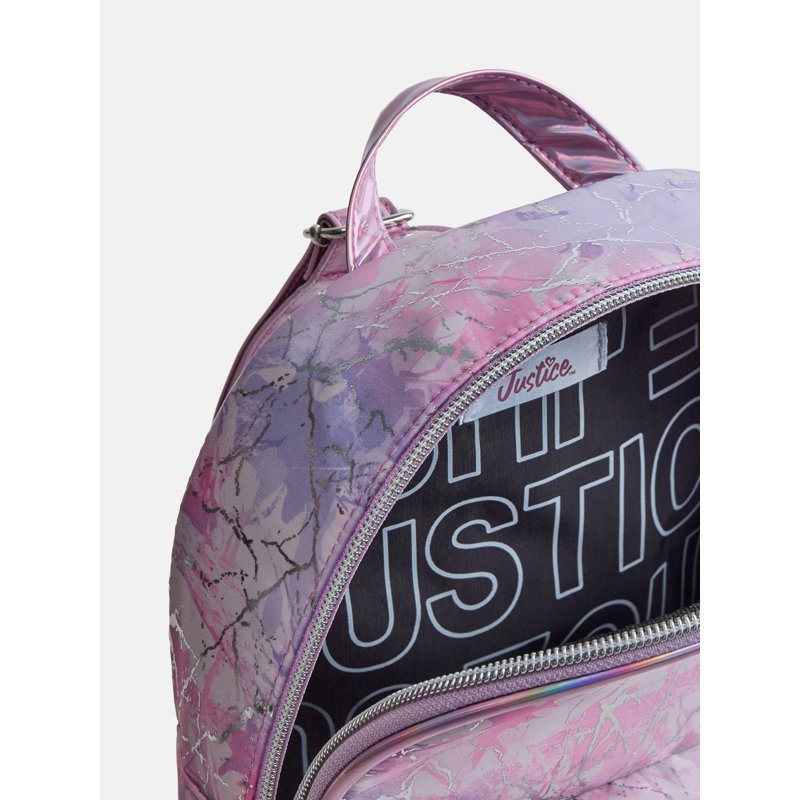 Girls Mini Backpack with Allover Prints & Adjustable Straps - Pink, Purple, Silver, Plaid Variants