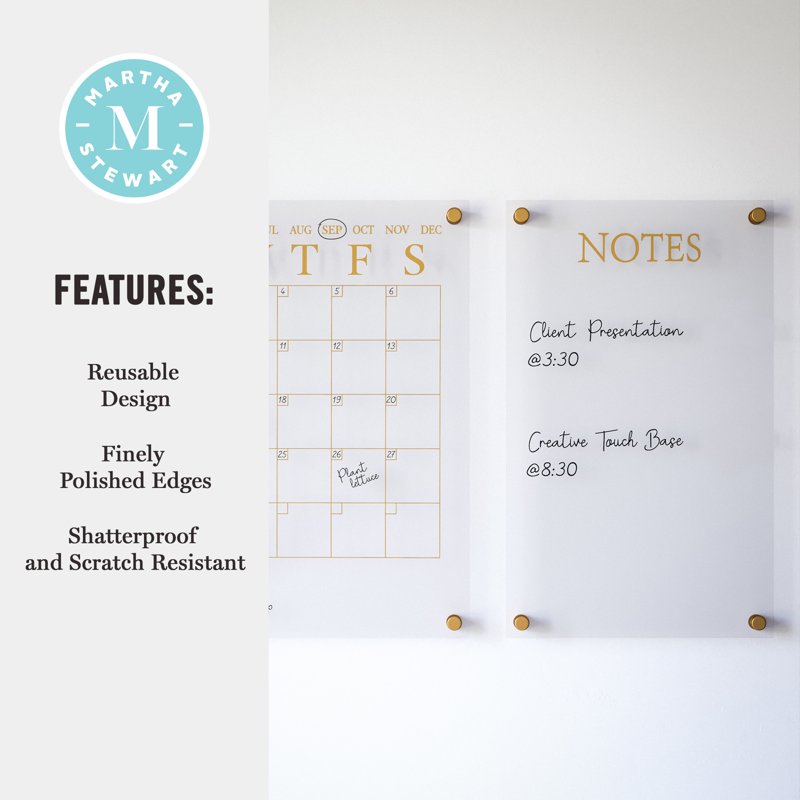 Acrylic Wall Calendar and Notes Board Set with Dry Erase Marker - Clear with Gold Print