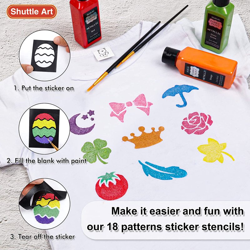 Metallic Fabric Paint Set with Stencils & Brushes - 18 Colors for DIY Textiles