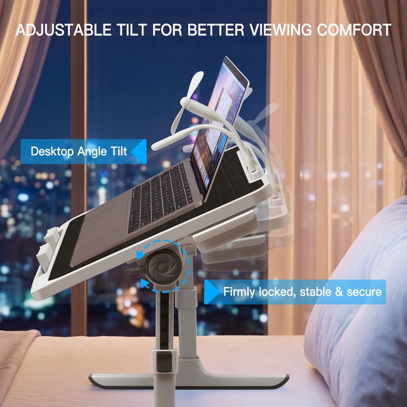 Adjustable Lap Desk with USB Fan & LED Light, Book Stand for Bed & Home Office