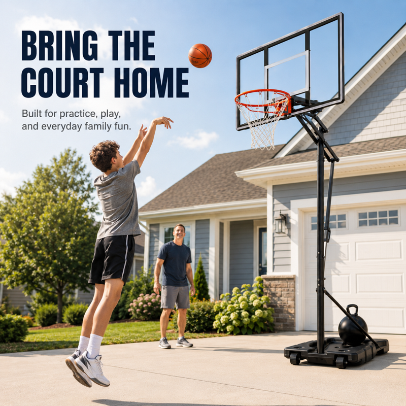 Portable Basketball Hoop with Adjustable Height 5.58-10 ft, 44-Inch Shatterproof Backboard & Rollers