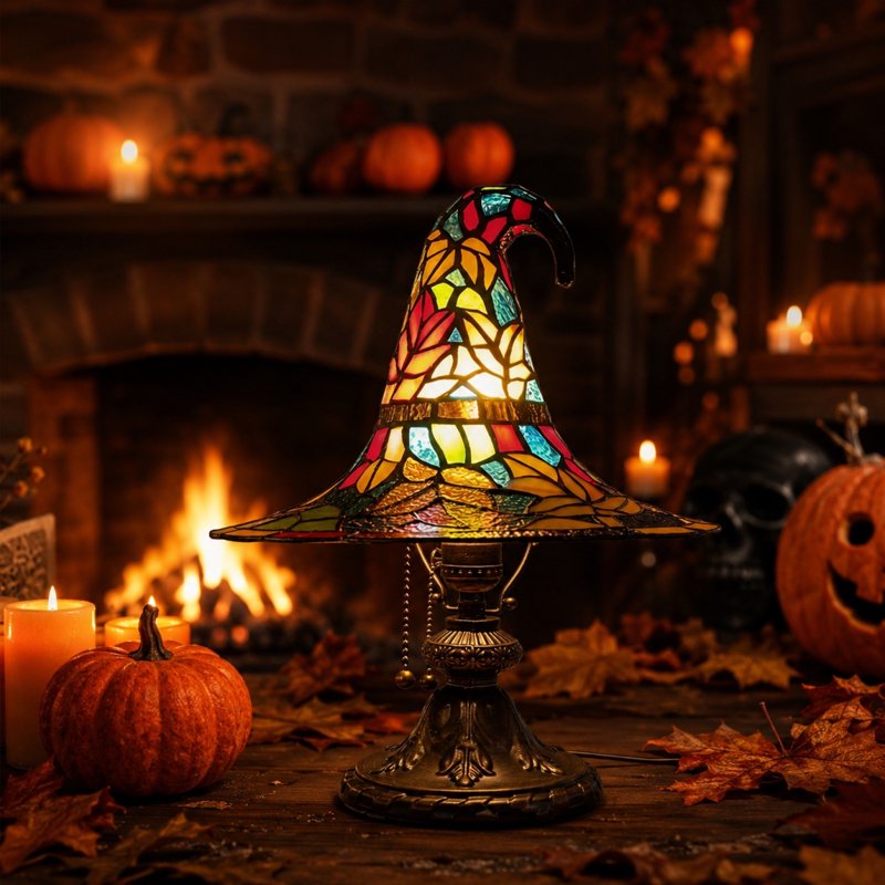 Halloween Witch Hat Lamp LED Night Light - Gothic Indoor Decor for Shelf Mantel Table