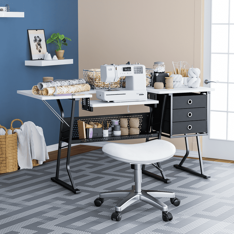 Sewing Machine Table with Storage Shelves & Adjustable Platform - White