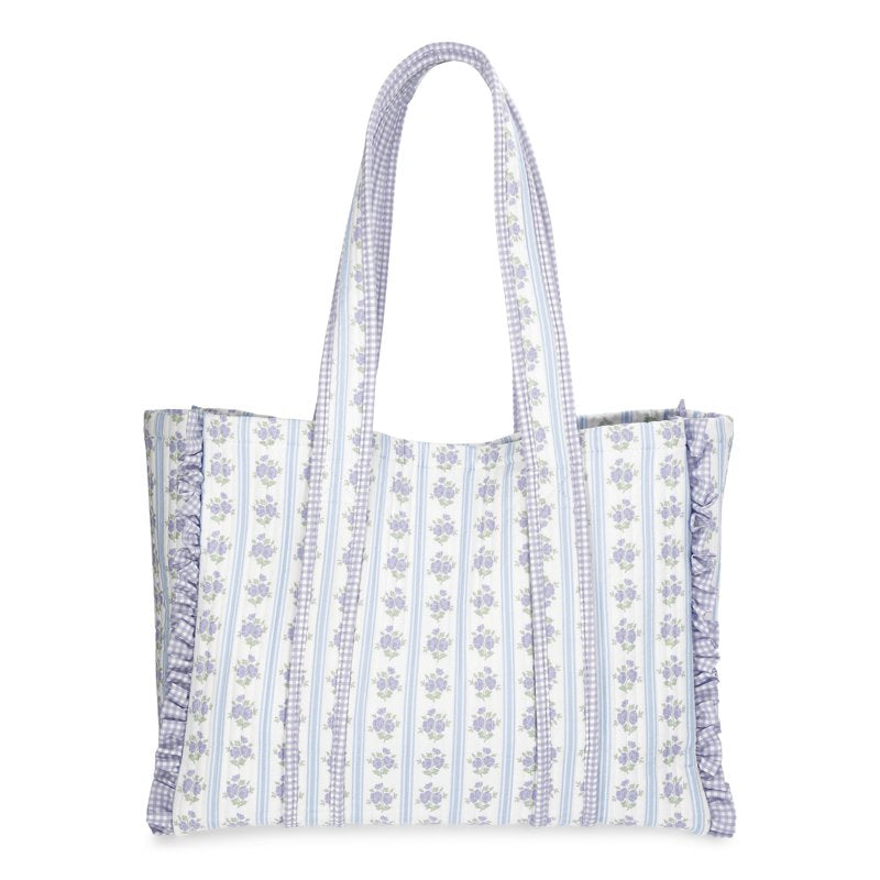 Women's Quilted Tote Bag with Floral Gingham Print - Large Capacity Stylish Handbag