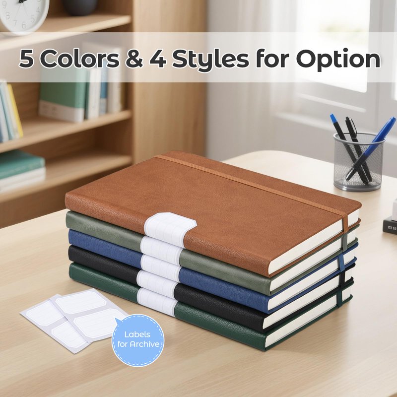 A5 Hardcover Notebook Set with Pockets, 192 Pages, College Ruled, 5 Pack