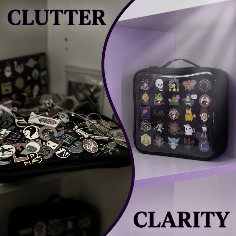Black Enamel Pin Display Bag with Felt Pages - Portable Brooch Organizer with Zipper