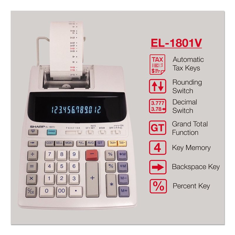 Printing Calculator with Fluorescent Display and AC Power – Sharp EL-1801V