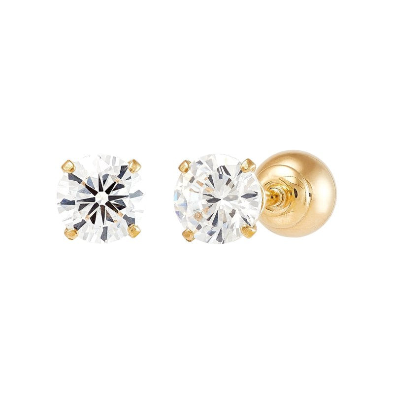 Girls 10K Yellow Gold Cubic Zirconia Front Back Earrings - Secure Screw Backs