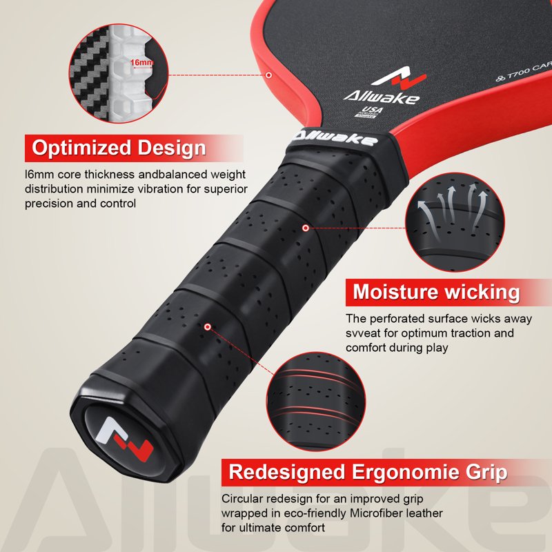 Allwake Pickleball Paddle with Toray T700 Carbon Face, 16mm Core - USA Pickleball Approved, Black-Red