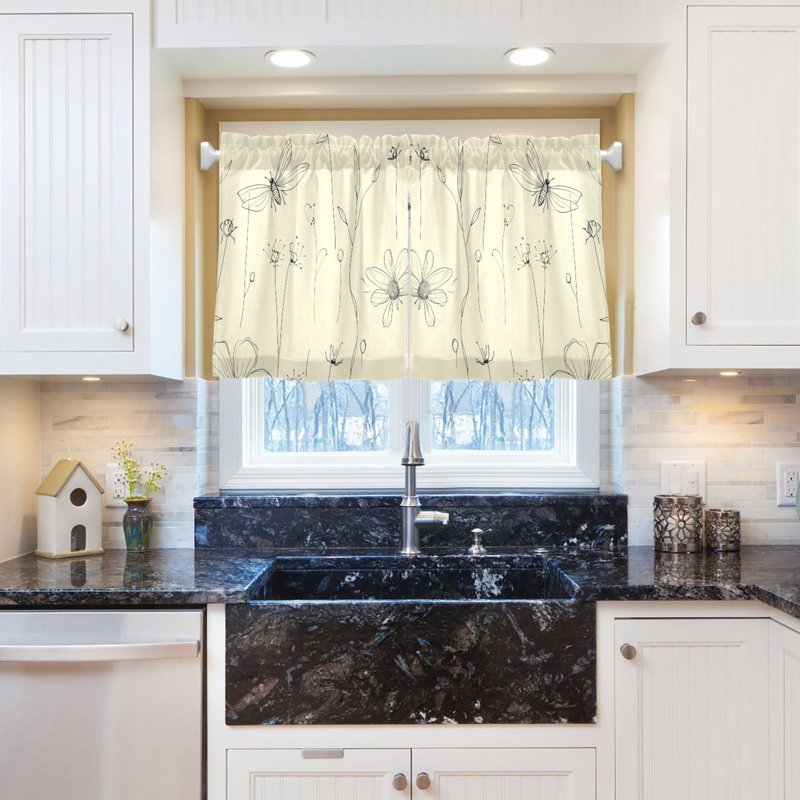 Floral and Insect Pattern Kitchen Curtain Tier Set - Light Filtering UV Protection