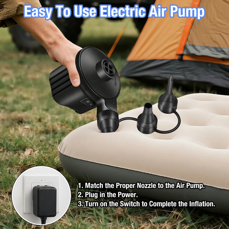 Electric Air Pump for Inflatables, Portable Inflator & Deflator with 3 Nozzles