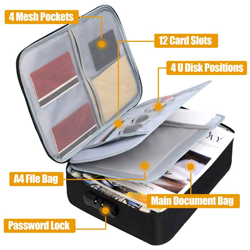 Fireproof Waterproof Document Bag with Lock - Large Capacity Safe Storage Case