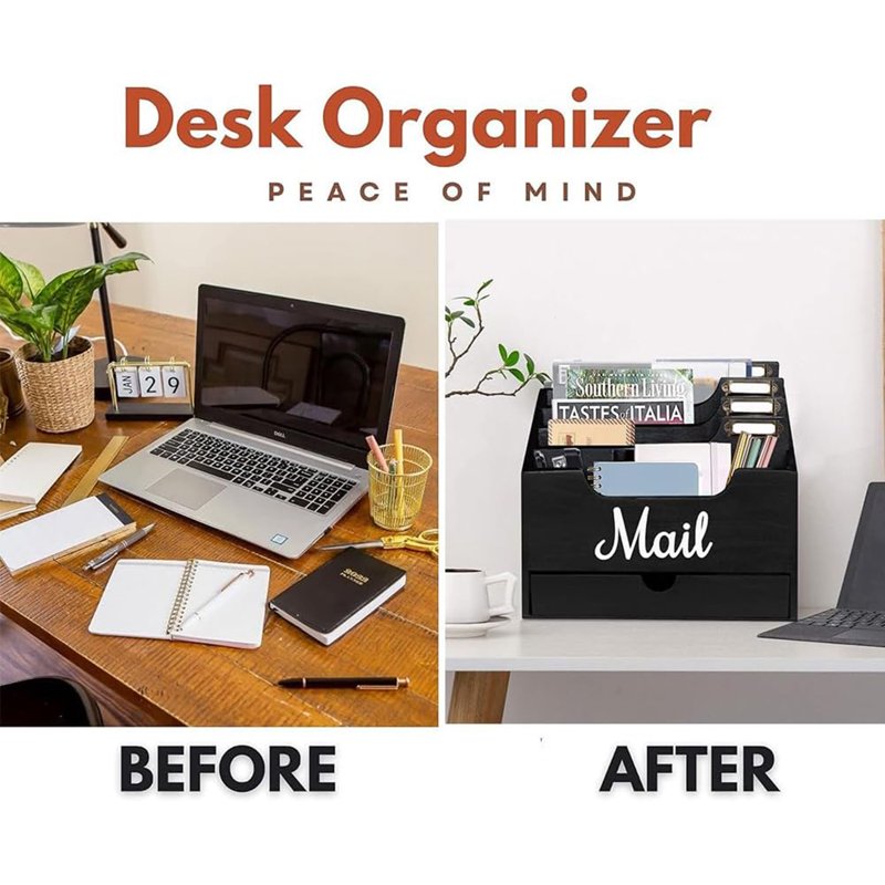 Wood Desktop Mail Organizer with 4 Compartments and Drawer - Office & Home Storage