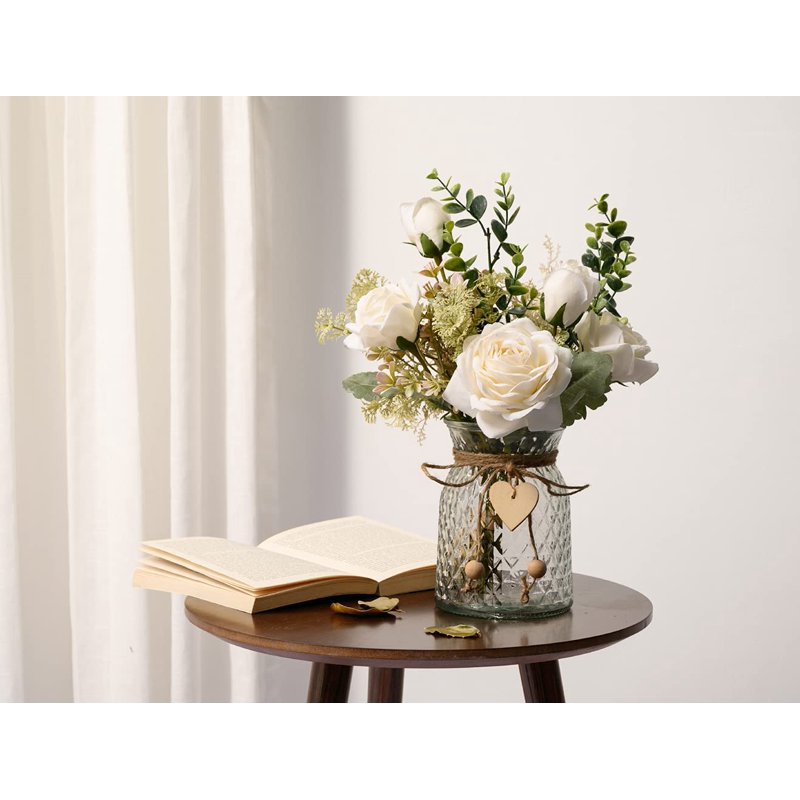 Artificial Flower Arrangement with Vase - White Silk Roses & Eucalyptus for Home & Wedding Decor