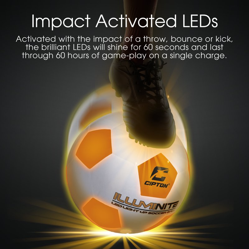 Illuminated Rechargeable Impact-Activated Soccer Ball, Official Size 5
