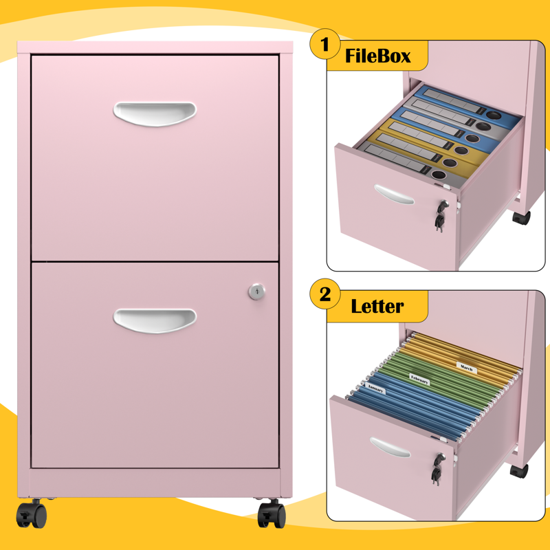 Mobile 2-Drawer File Cabinet on Wheels - Pink Metal Office Storage Organizer