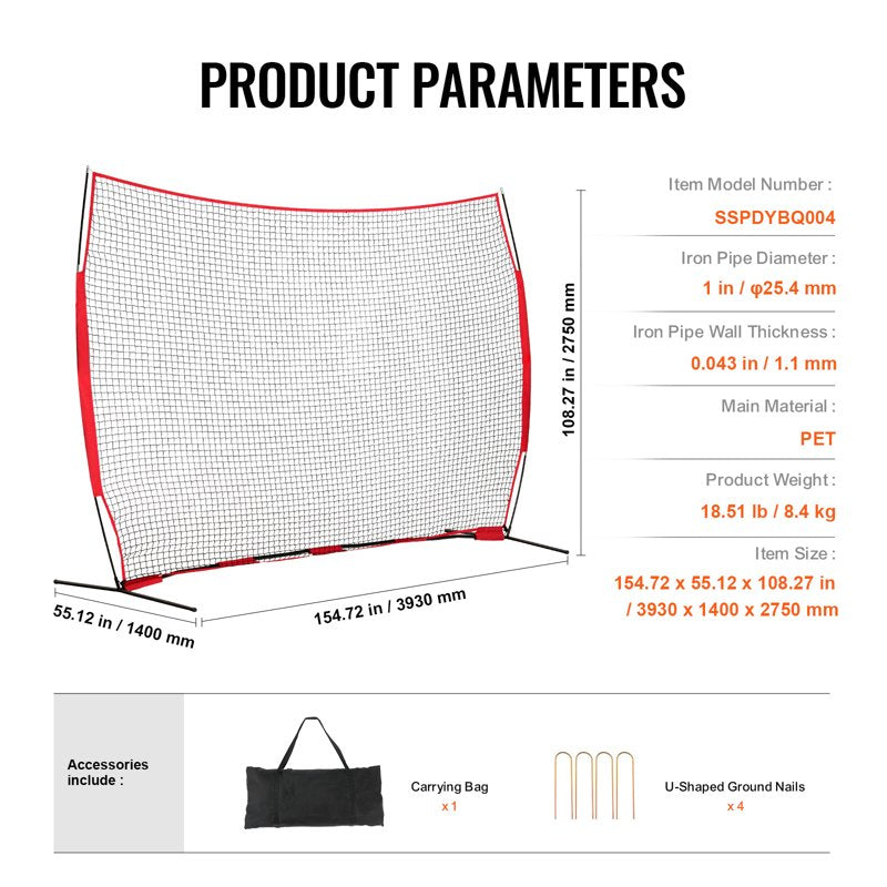 Portable Sports Barrier Net 12x9 ft Backstop for Baseball Softball Soccer Lacrosse