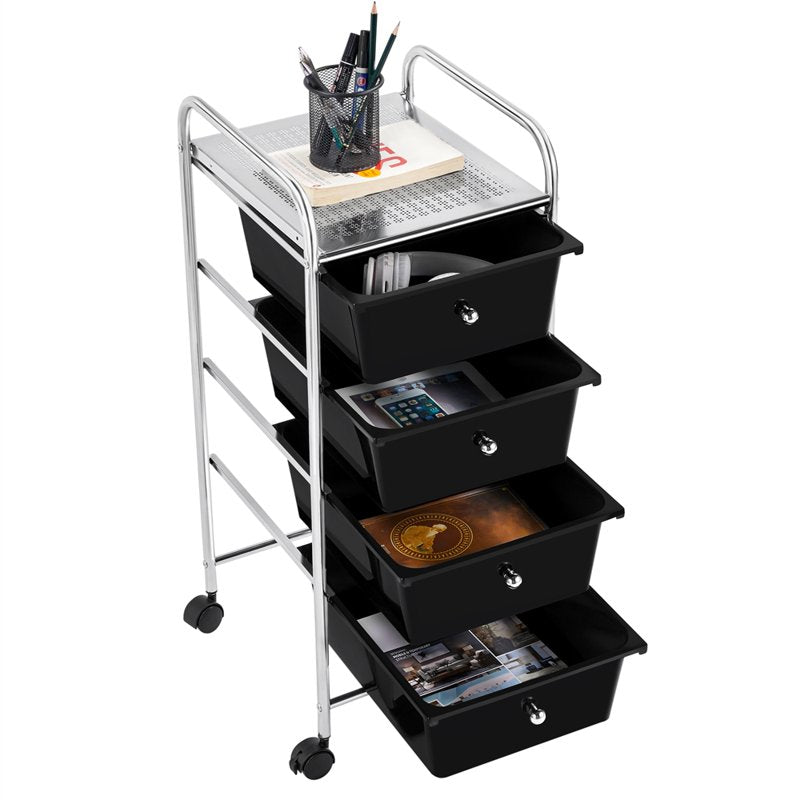 4-Drawer Metal Frame Storage Cart with Lockable Wheels, Black