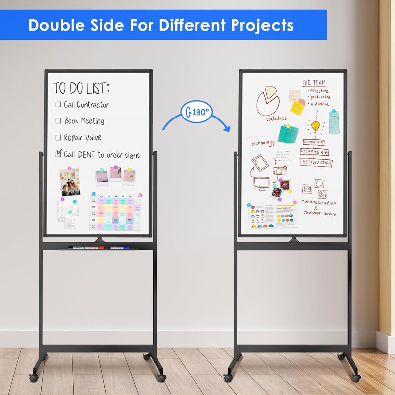 Double-Sided Magnetic Whiteboard on Wheels - Adjustable Height, Reversible Surface for Office & Home