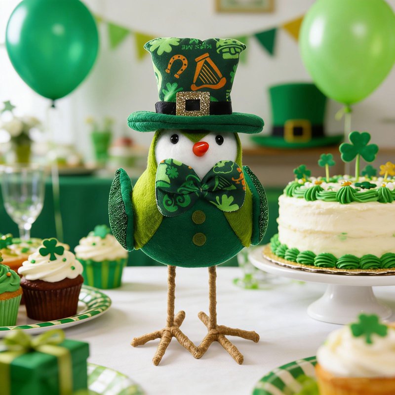 St Patrick's Day Plush Bird Decorations - Green Irish Figurines with Shamrock Pattern, Tabletop Ornaments for Holiday Party Decor