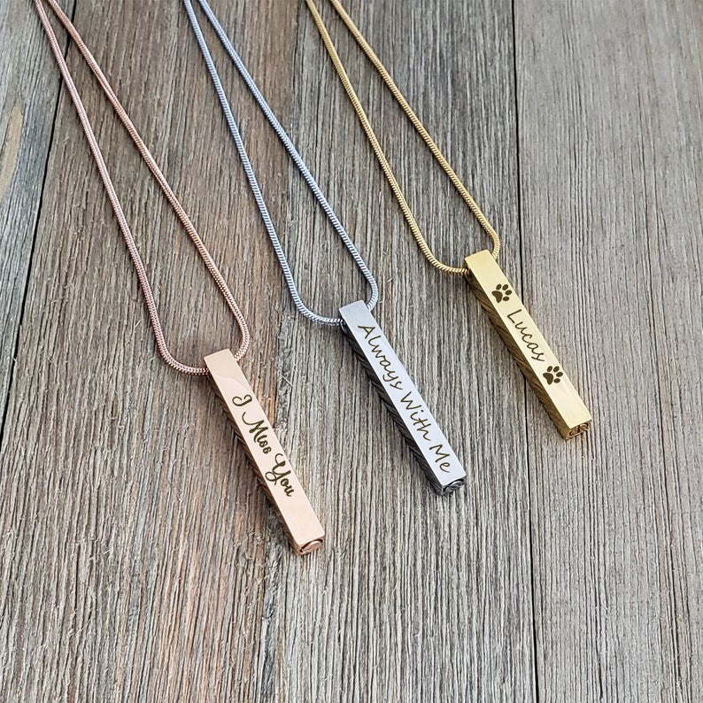 Rose Gold 3D Cremation Necklace with Fill Kit - Memorial Bar Ashes Holder Pendant