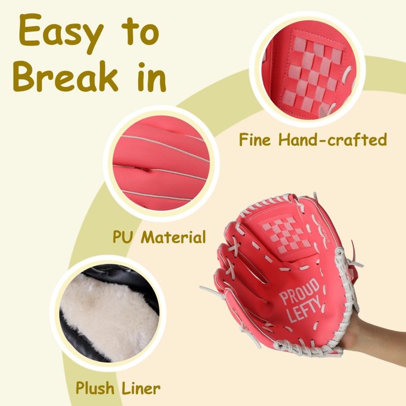 Left Handed Baseball Glove for Youth T-Ball & Softball - Entry Level, 10.5in Pink
